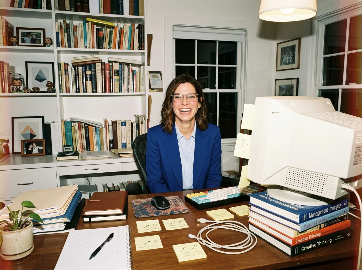 Une manageuse à son bureau, entourée de livres de management